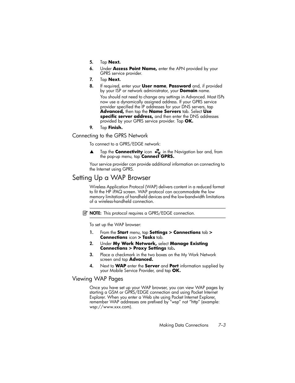 Connecting to the gprs network, Setting up a wap browser, Setting up a wap browser –3 | Viewing wap pages | HP iPAQ hw6500 User Manual | Page 77 / 170