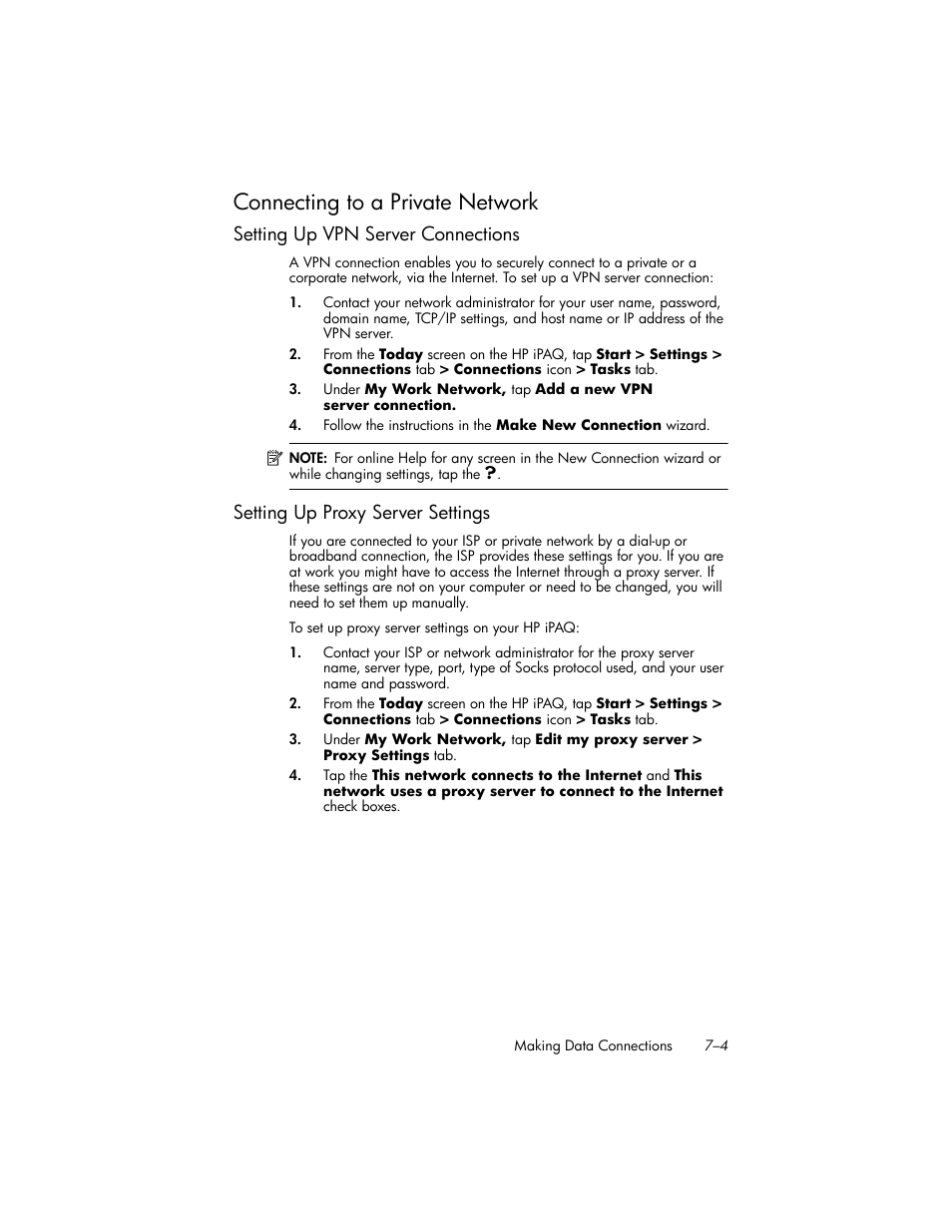 Connecting to a private network, Setting up vpn server connections, Setting up proxy server settings | Connecting to a private network –4, Setting up vpn server connections –4, Setting up proxy server settings –4 | HP iPAQ hw6500 User Manual | Page 78 / 170