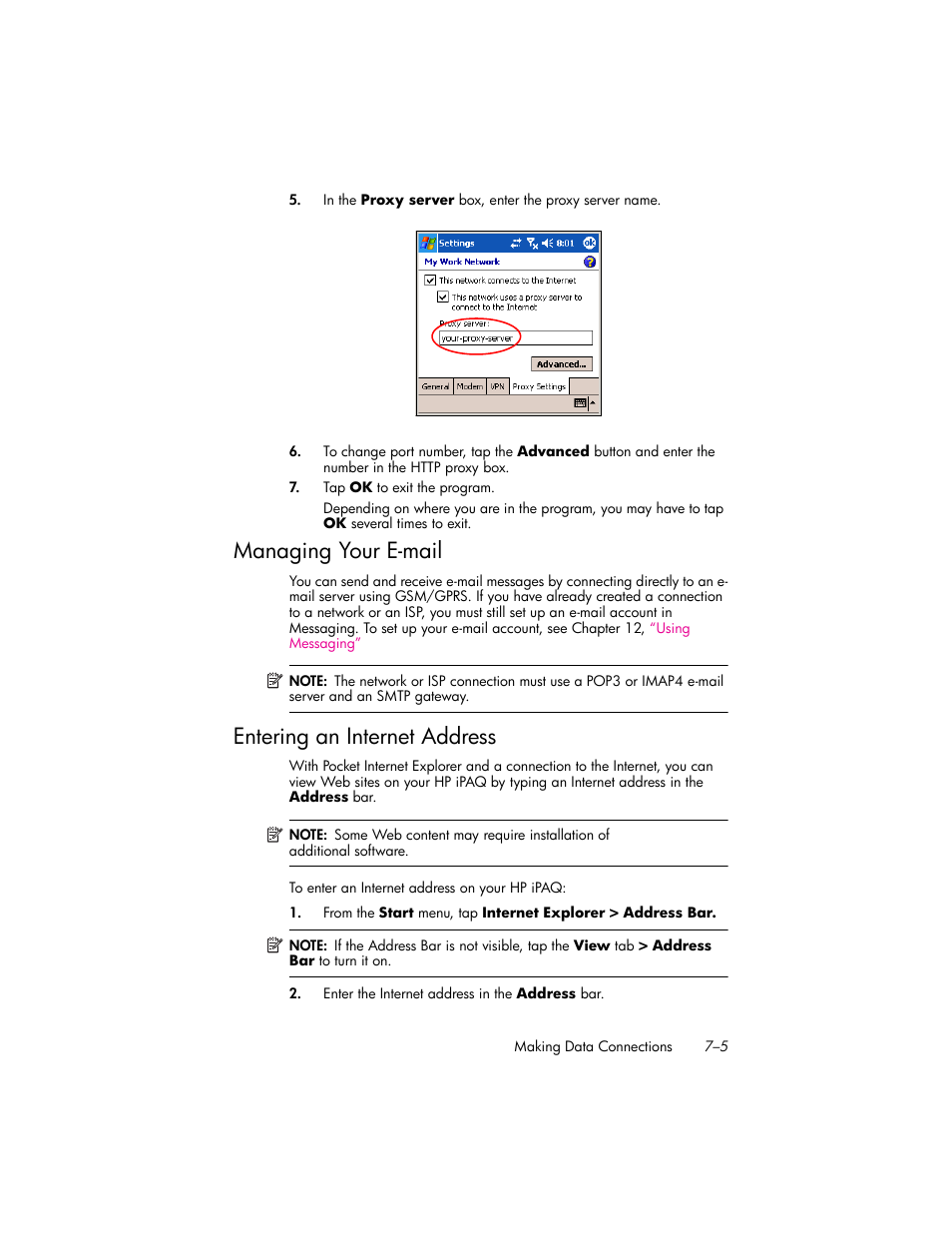 Managing your e-mail, Entering an internet address, Managing your e-mail –5 | Entering an internet address –5 | HP iPAQ hw6500 User Manual | Page 79 / 170