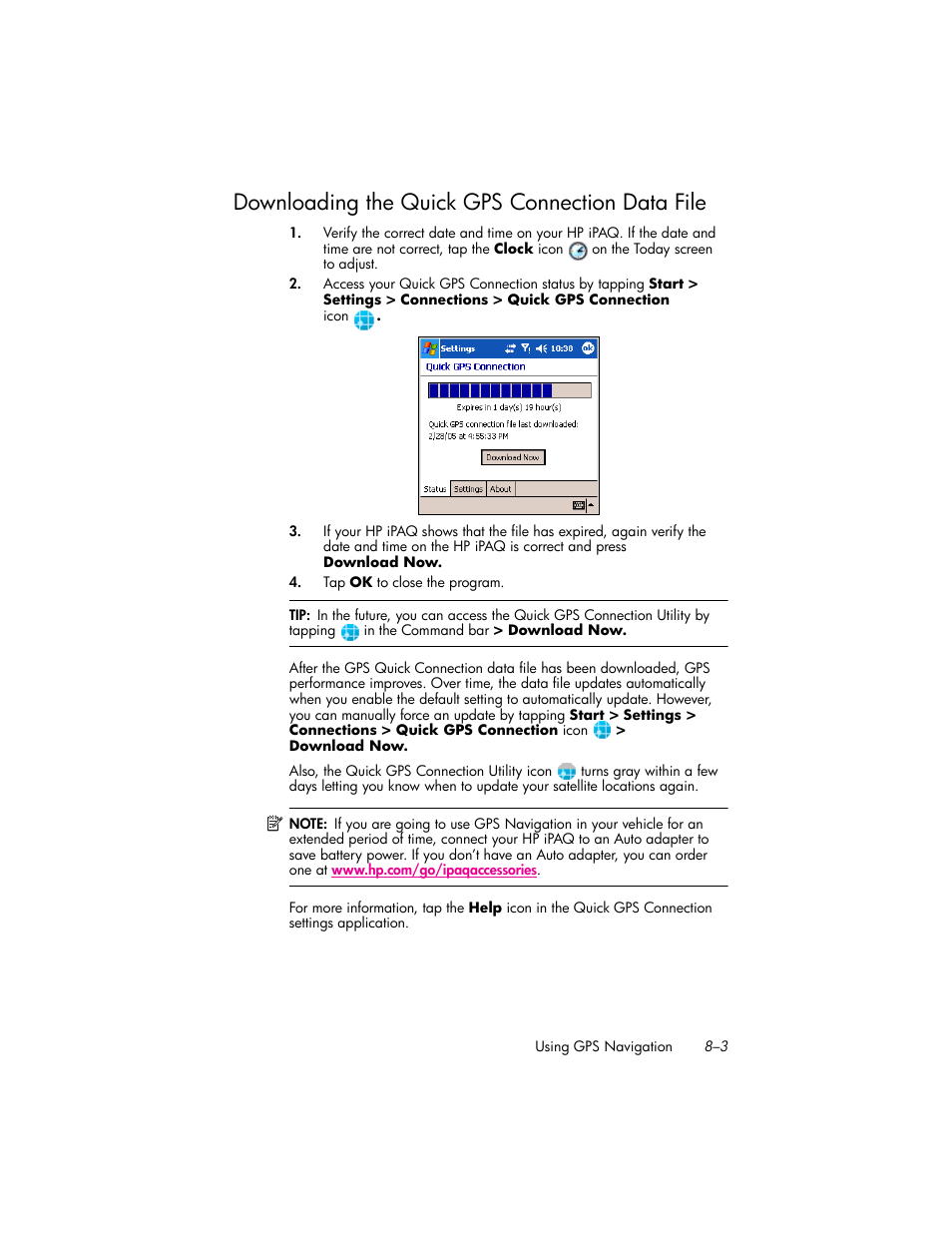 Downloading the quick gps connection data file, Downloading the quick gps connection data file –3 | HP iPAQ hw6500 User Manual | Page 83 / 170