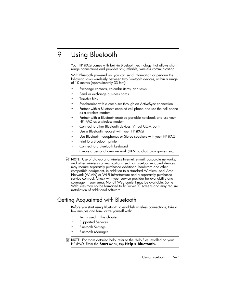 Using bluetooth, Getting acquainted with bluetooth, 9 using bluetooth | Getting acquainted with bluetooth –1, Er to chapter 9, 9using bluetooth | HP iPAQ hw6500 User Manual | Page 84 / 170