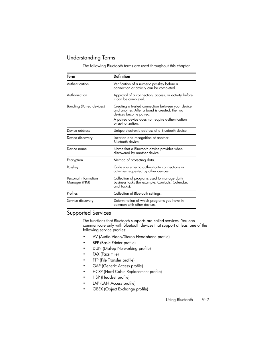Understanding terms, Supported services, Understanding terms –2 | Supported services –2 | HP iPAQ hw6500 User Manual | Page 85 / 170