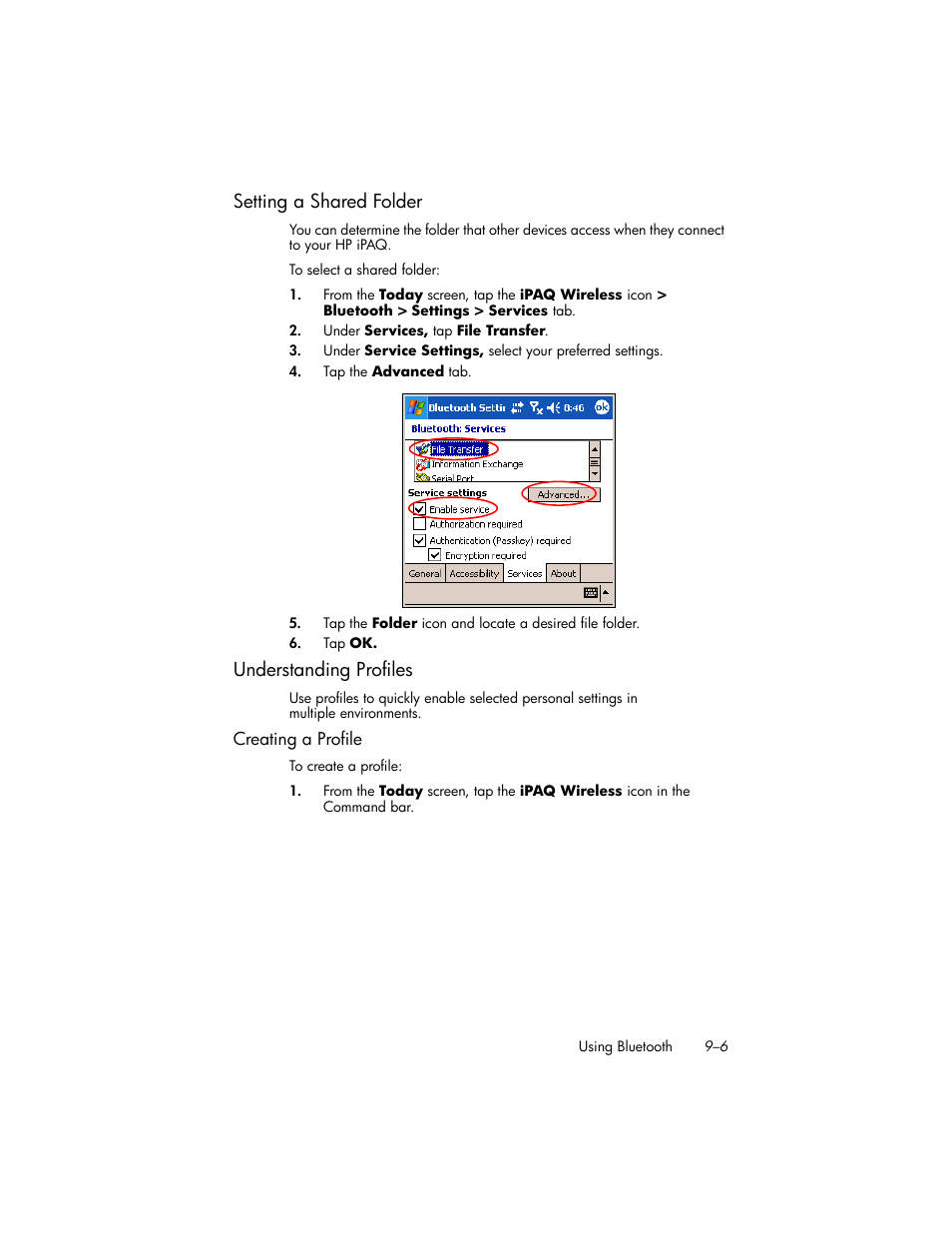 Setting a shared folder, Understanding profiles, Creating a profile | Setting a shared folder –6, Understanding profiles –6 | HP iPAQ hw6500 User Manual | Page 89 / 170