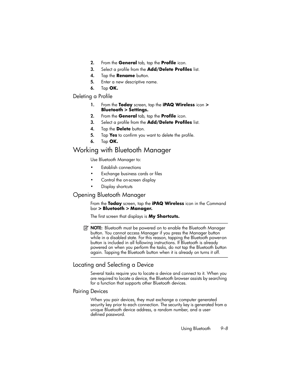 Deleting a profile, Working with bluetooth manager, Opening bluetooth manager | Locating and selecting a device, Pairing devices, Working with bluetooth manager –8, Opening bluetooth manager –8, Locating and selecting a device –8 | HP iPAQ hw6500 User Manual | Page 91 / 170