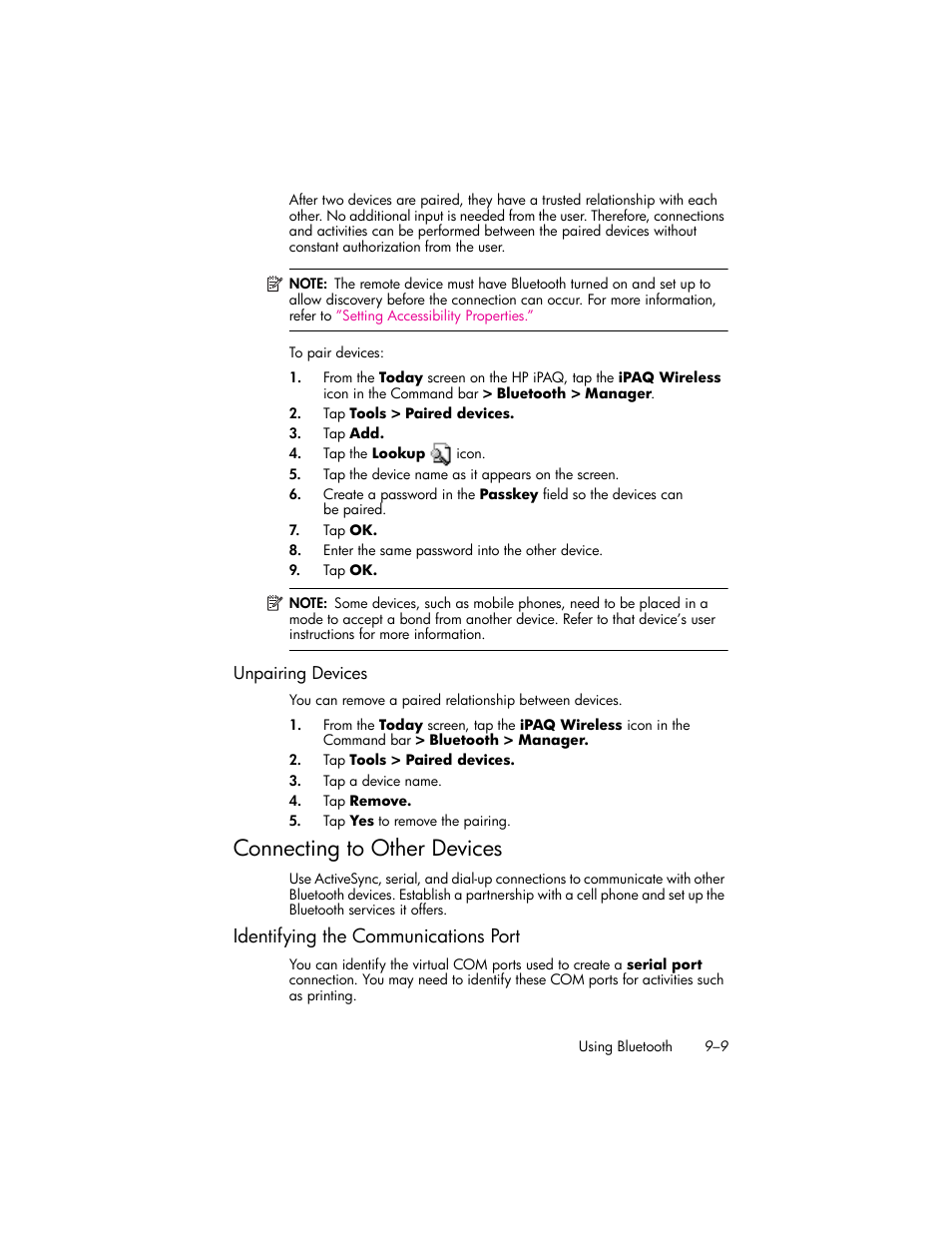 Unpairing devices, Connecting to other devices, Identifying the communications port | Connecting to other devices –9, Identifying the communications port –9 | HP iPAQ hw6500 User Manual | Page 92 / 170