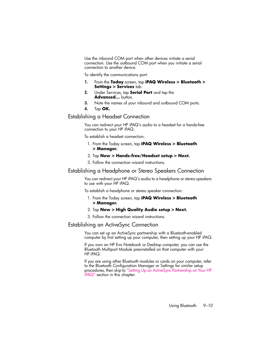 Establishing a headset connection, Establishing an activesync connection, Establishing a headset connection –10 | Establishing an activesync connection –10 | HP iPAQ hw6500 User Manual | Page 93 / 170