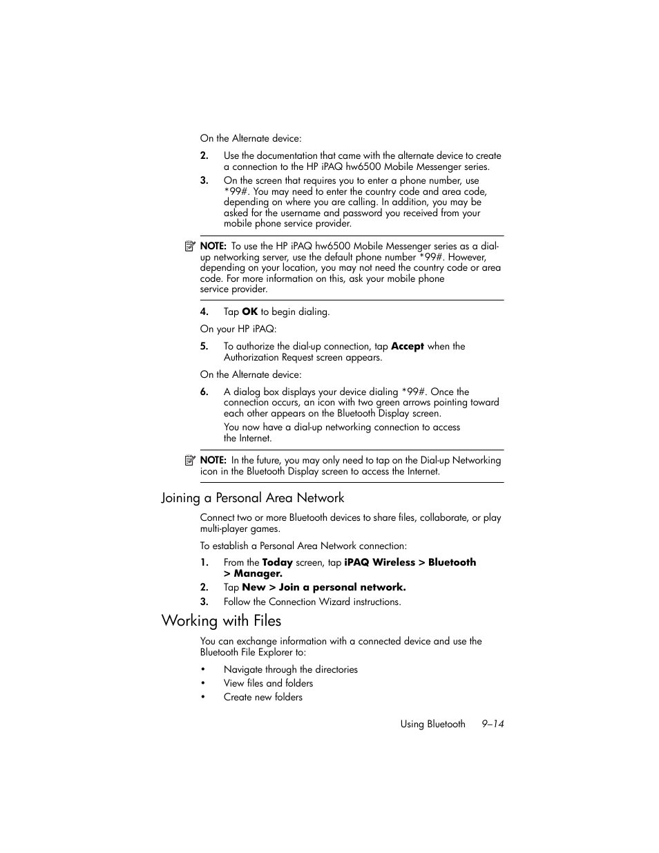 Joining a personal area network, Working with files, Joining a personal area network –14 | Working with files –14 | HP iPAQ hw6500 User Manual | Page 97 / 170