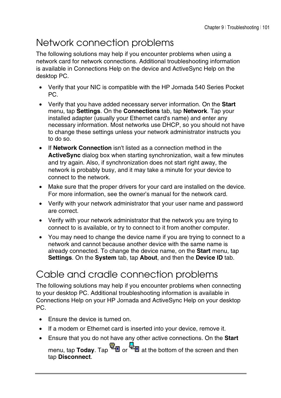 Network connection problems, Cable and cradle connection problems | HP Jornada 540 Series User Manual | Page 105 / 135