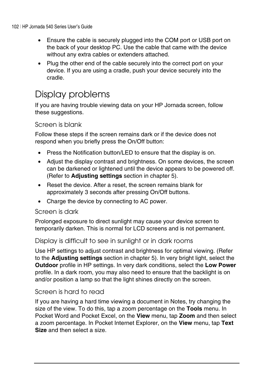 Display problems | HP Jornada 540 Series User Manual | Page 106 / 135