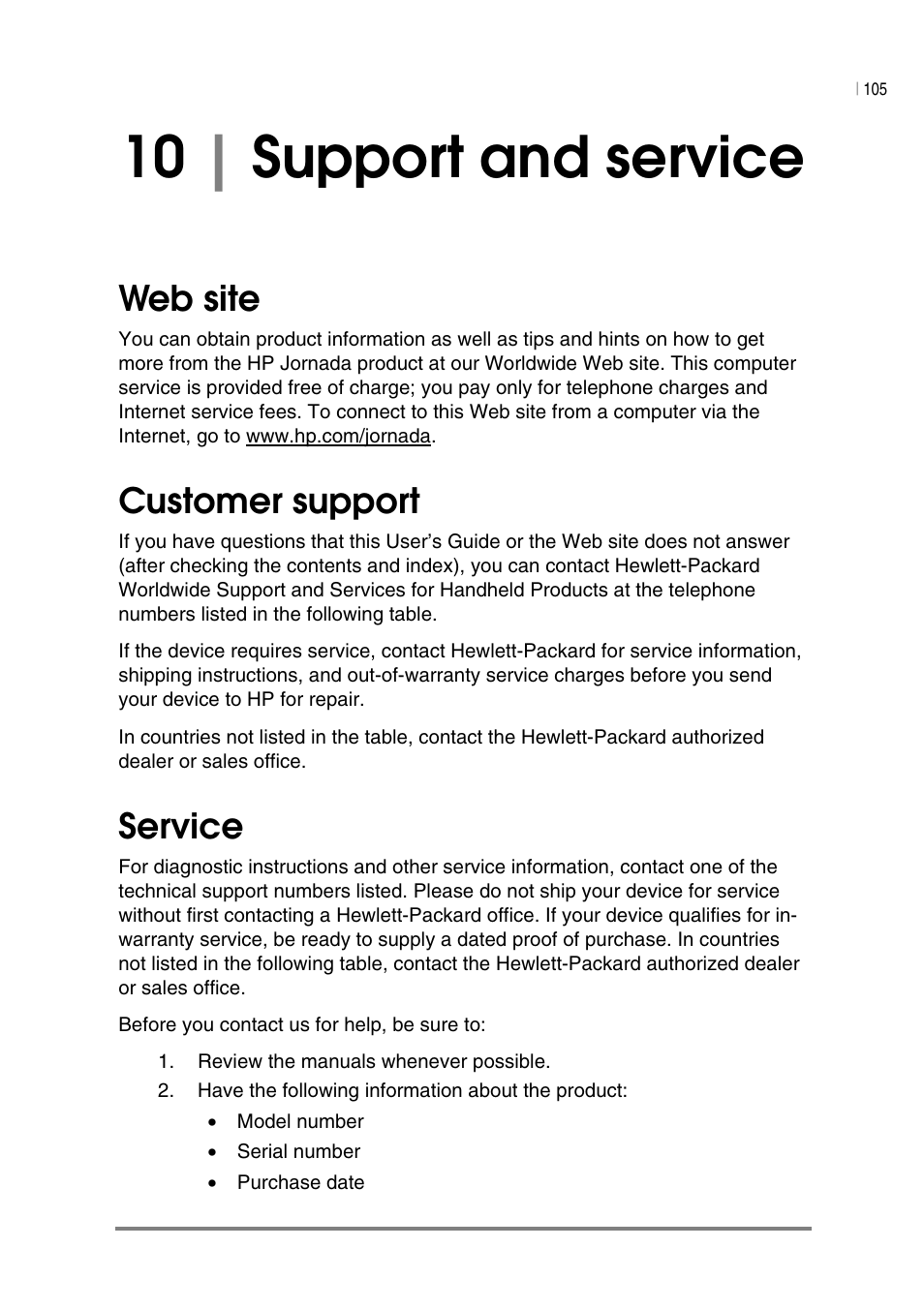 10 | support and service, Web site, Customer support | Service | HP Jornada 540 Series User Manual | Page 109 / 135