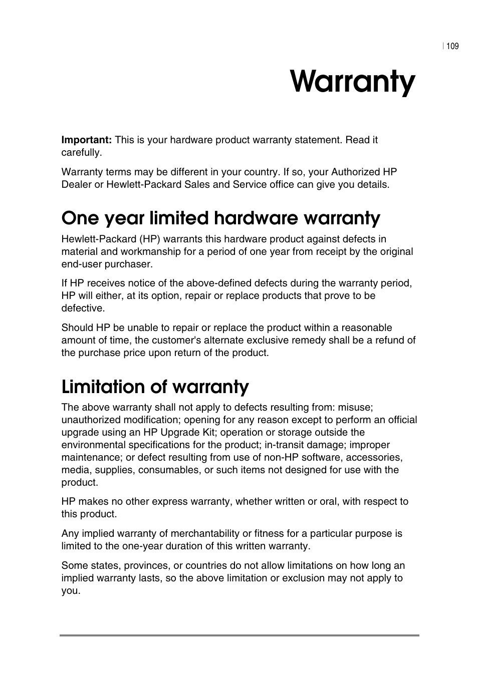 Warranty, One year limited hardware warranty, Limitation of warranty | HP Jornada 540 Series User Manual | Page 113 / 135