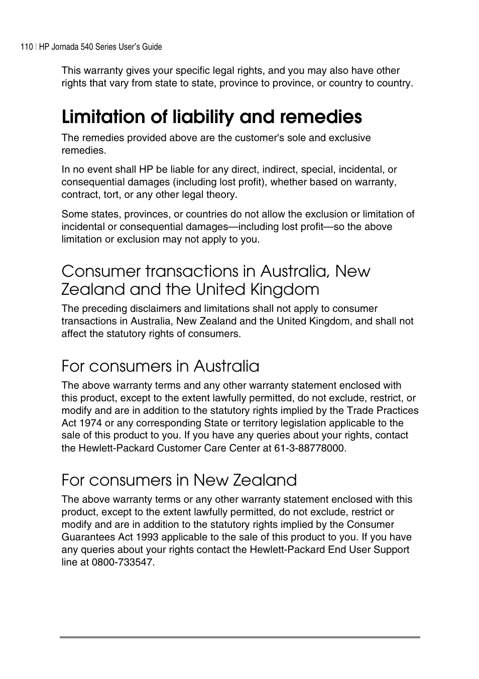 Limitation of liability and remedies, For consumers in australia, For consumers in new zealand | HP Jornada 540 Series User Manual | Page 114 / 135