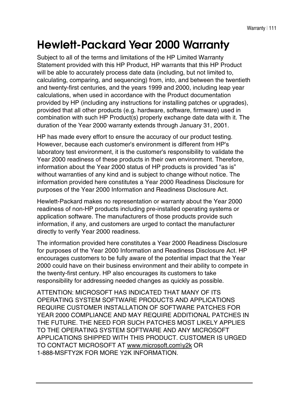 Hewlett-packard year 2000 warranty | HP Jornada 540 Series User Manual | Page 115 / 135