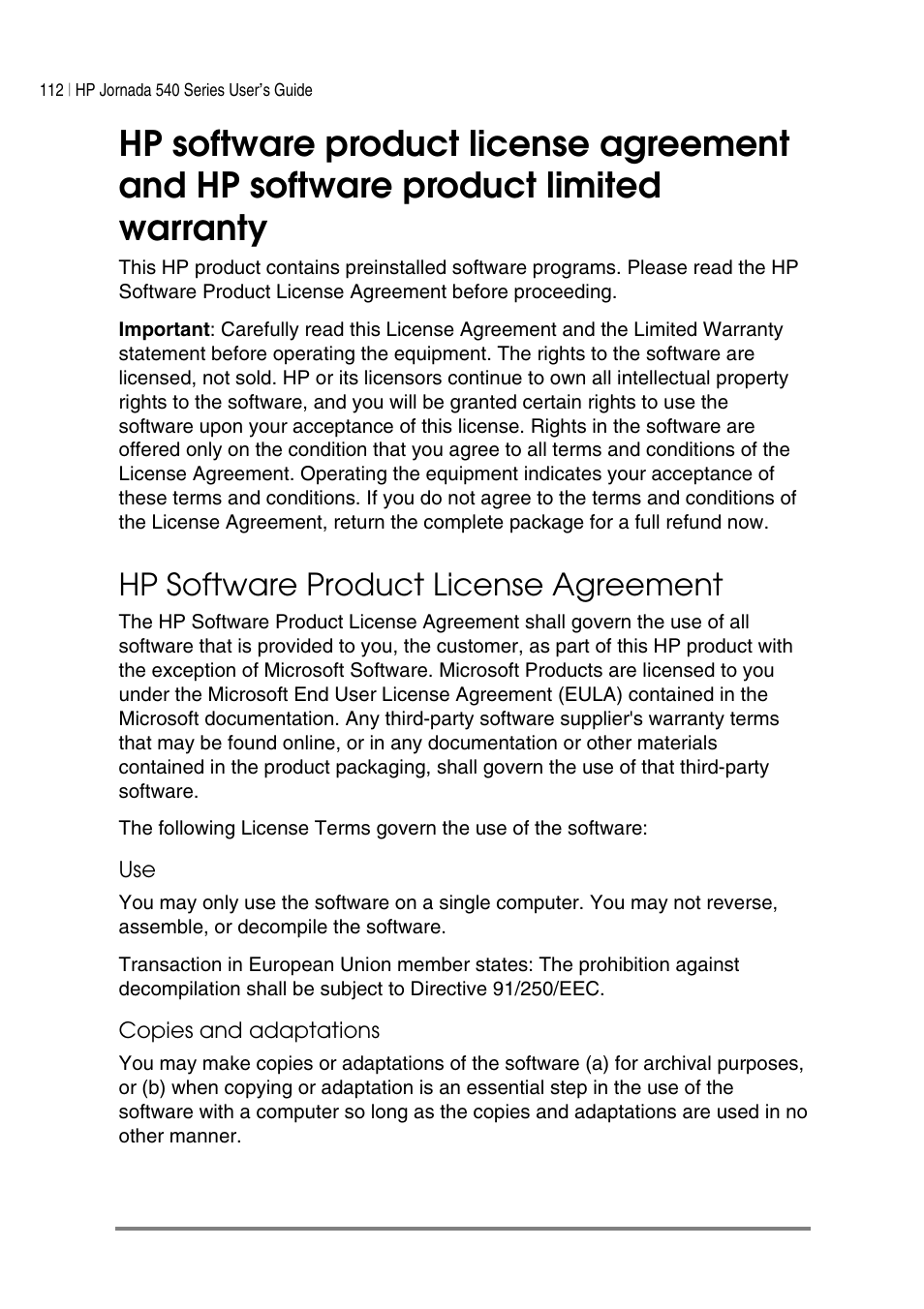 Hp software product license agreement | HP Jornada 540 Series User Manual | Page 116 / 135