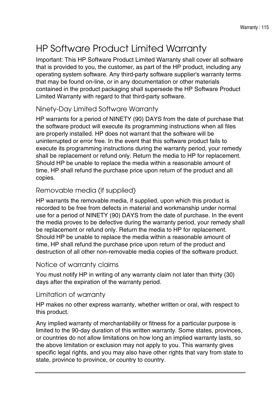 Hp software product limited warranty | HP Jornada 540 Series User Manual | Page 119 / 135