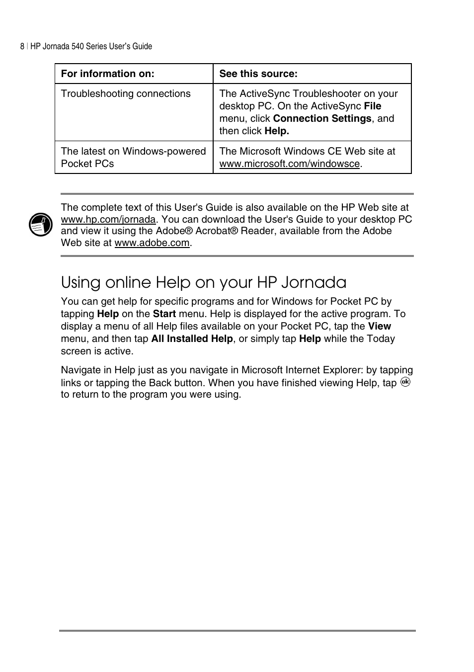 Using online help on your hp jornada | HP Jornada 540 Series User Manual | Page 12 / 135