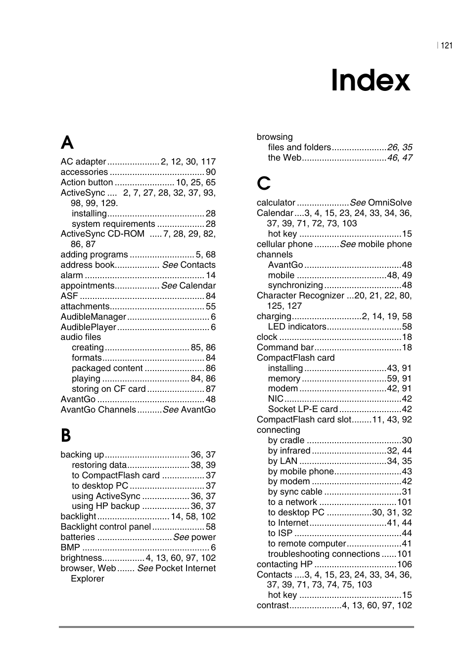 Index | HP Jornada 540 Series User Manual | Page 125 / 135