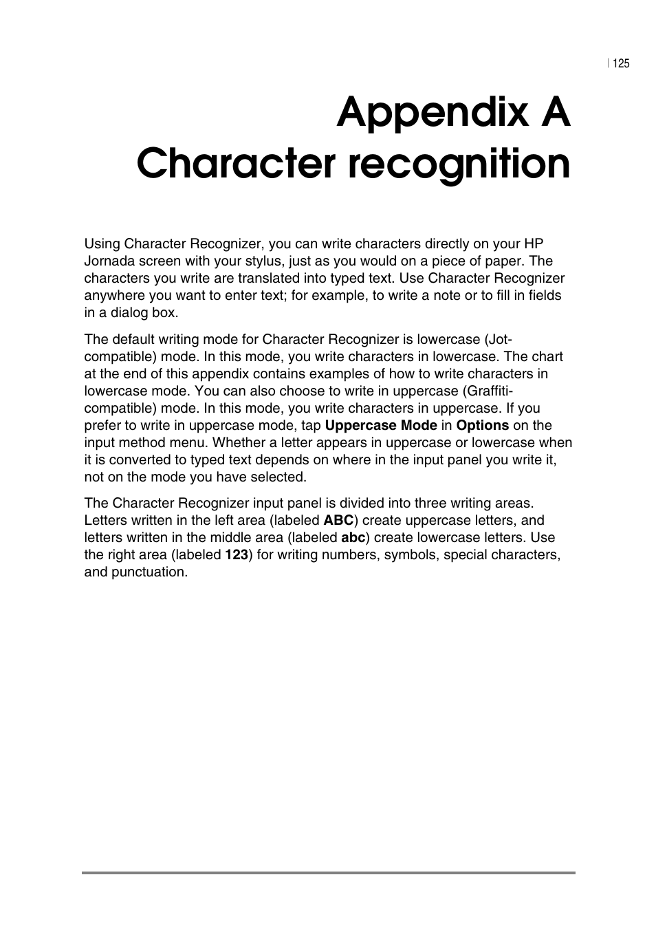 Appendix a character recognition | HP Jornada 540 Series User Manual | Page 129 / 135