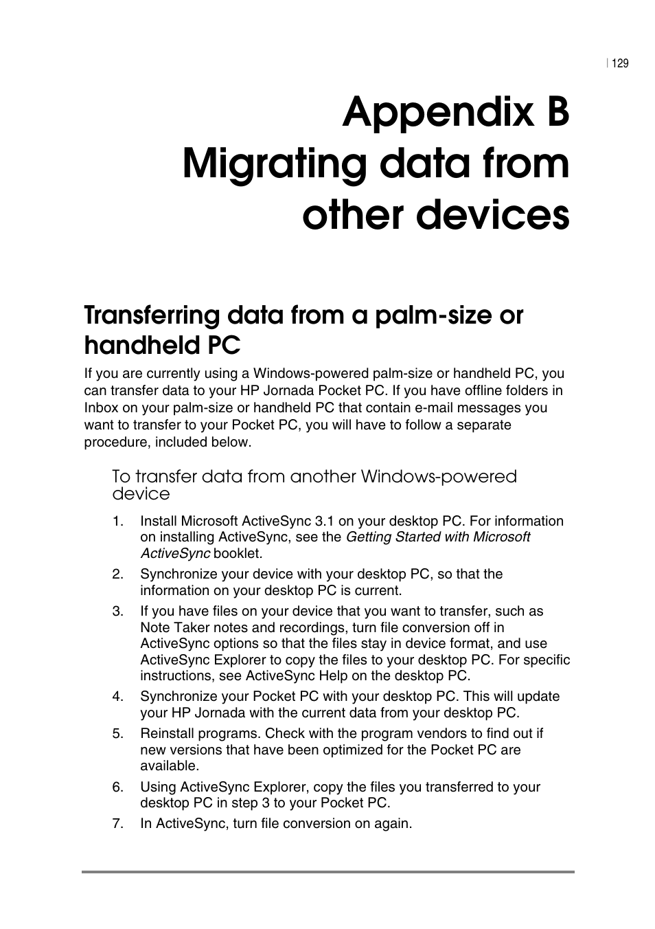 Appendix b migrating data from other devices, Transferring data from a palm-size or handheld pc | HP Jornada 540 Series User Manual | Page 133 / 135