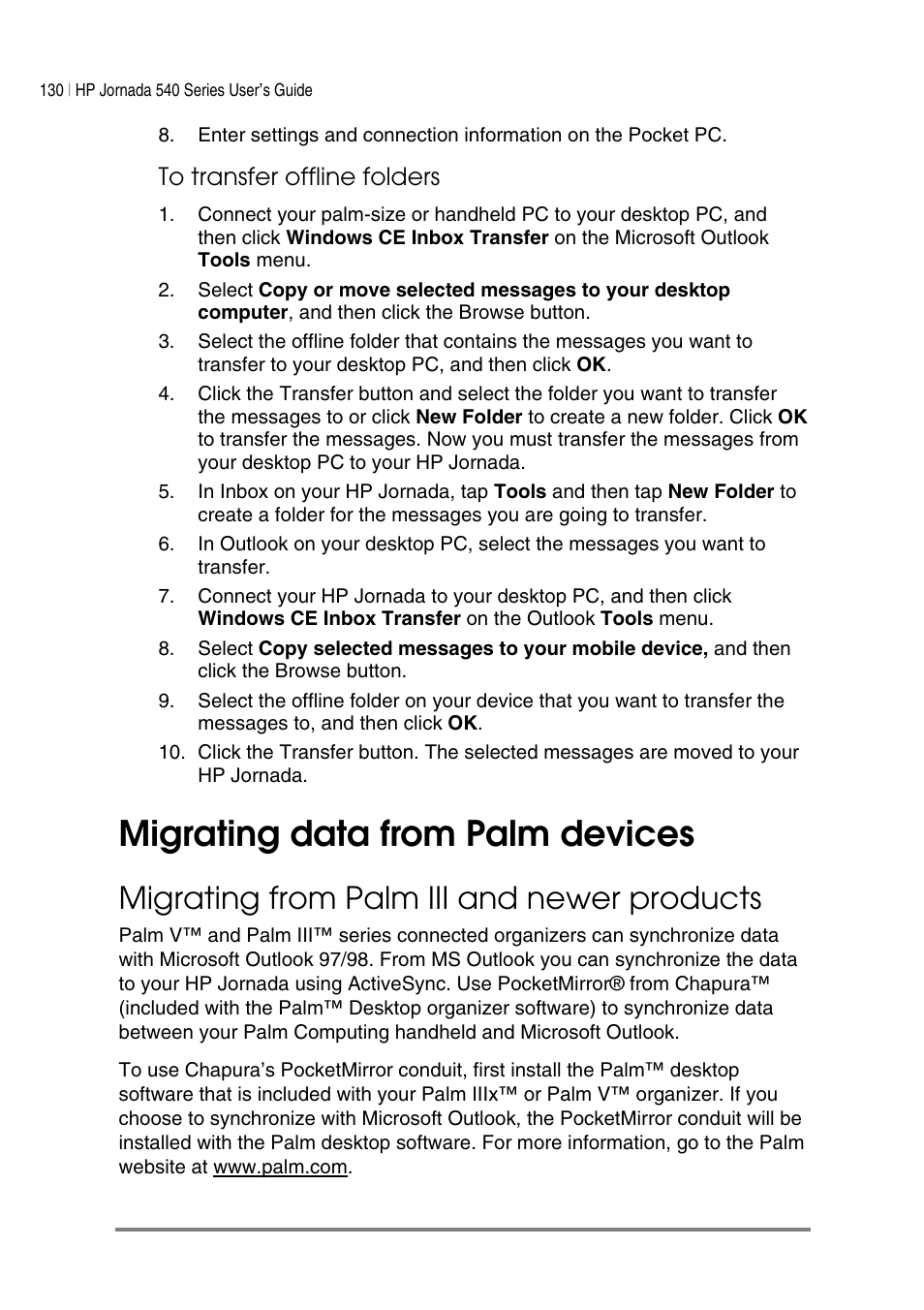 Migrating data from palm devices, Migrating from palm iii and newer products | HP Jornada 540 Series User Manual | Page 134 / 135