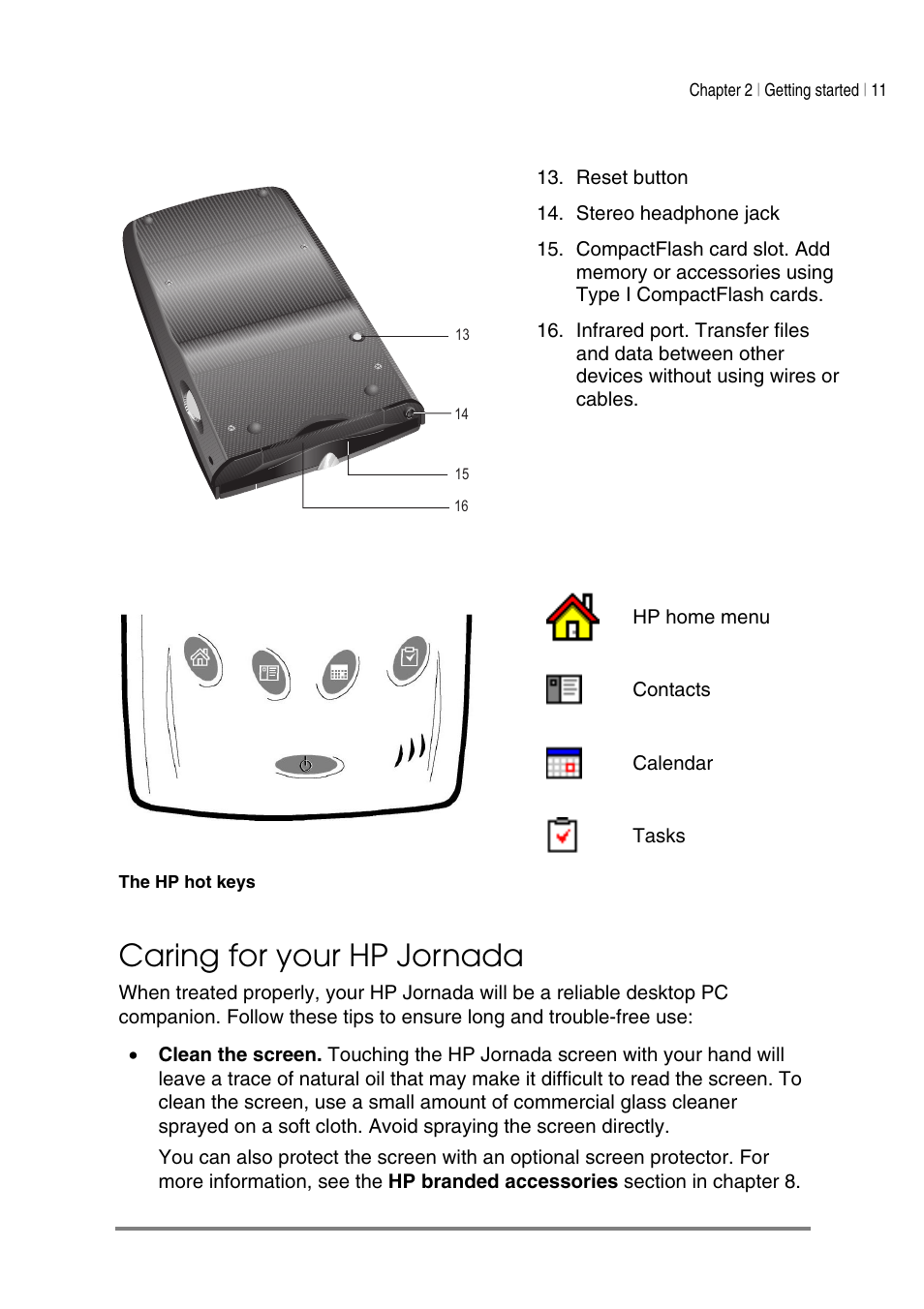 Caring for your hp jornada | HP Jornada 540 Series User Manual | Page 15 / 135