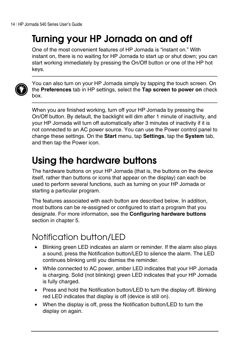 Turning your hp jornada on and off, Using the hardware buttons, Notification button/led | HP Jornada 540 Series User Manual | Page 18 / 135