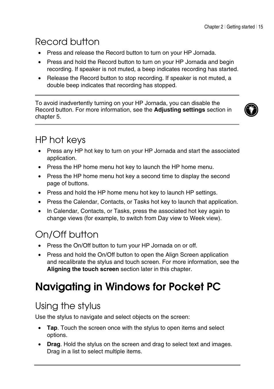 Navigating in windows for pocket pc, Record button, Hp hot keys | On/off button, Using the stylus | HP Jornada 540 Series User Manual | Page 19 / 135