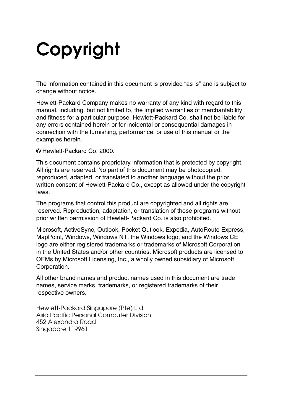Copyright | HP Jornada 540 Series User Manual | Page 2 / 135