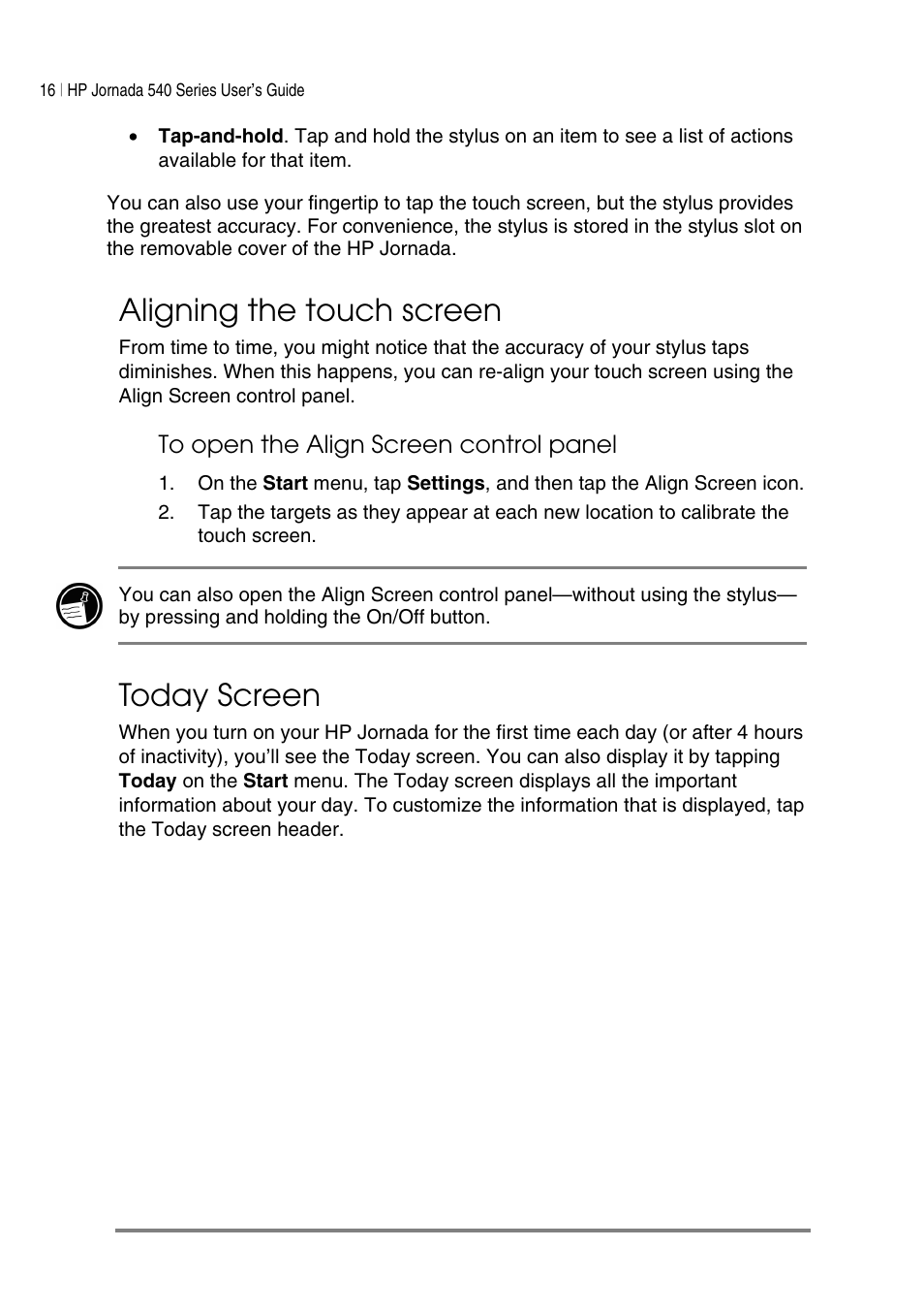 Aligning the touch screen, Today screen | HP Jornada 540 Series User Manual | Page 20 / 135