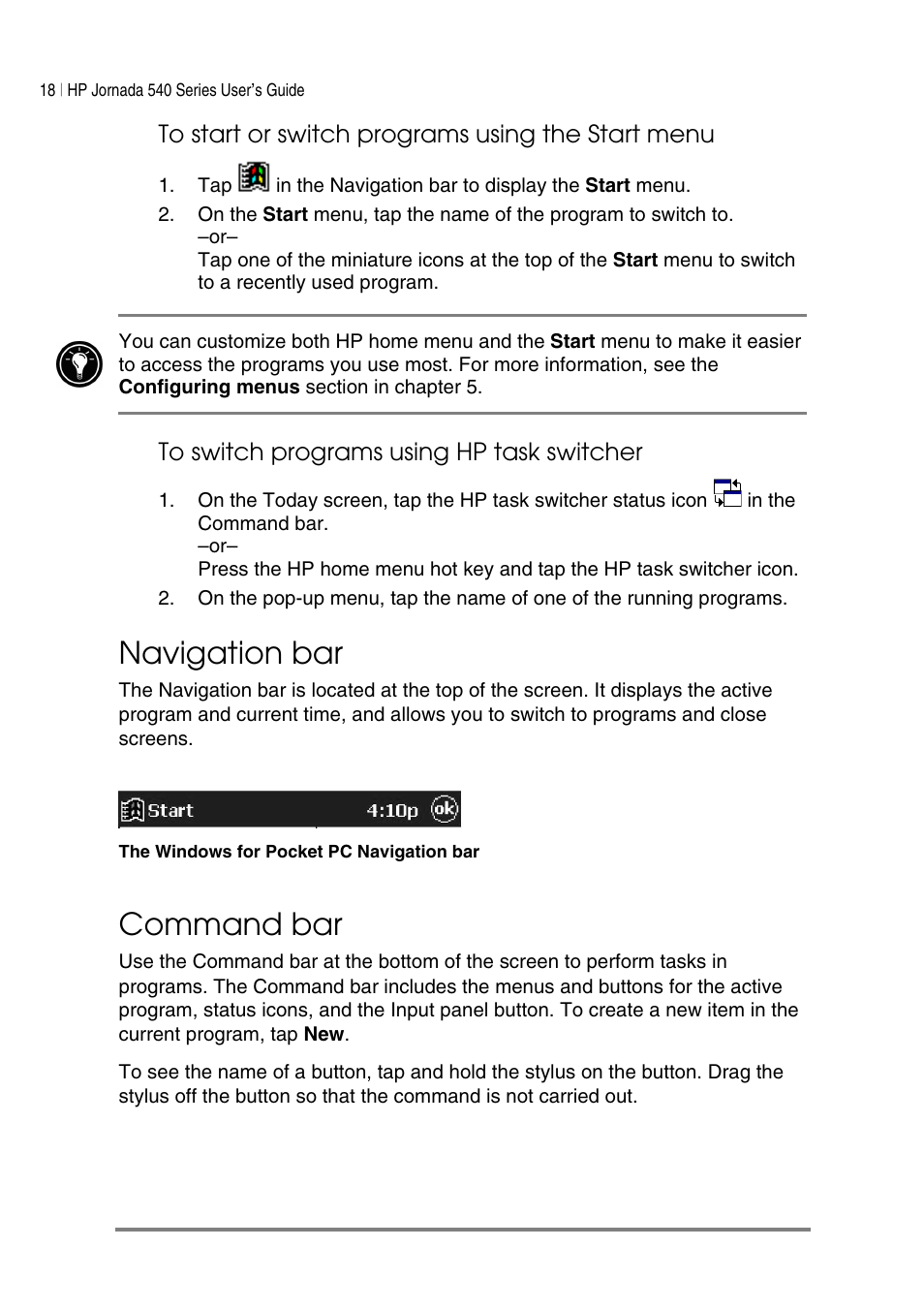 Navigation bar, Command bar | HP Jornada 540 Series User Manual | Page 22 / 135