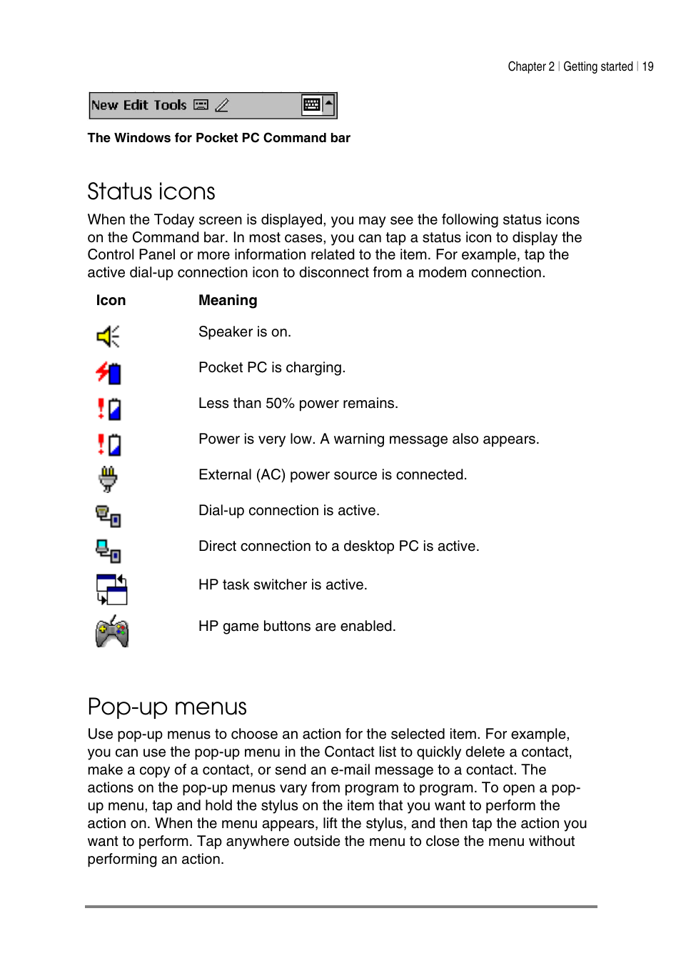 Status icons, Pop-up menus | HP Jornada 540 Series User Manual | Page 23 / 135