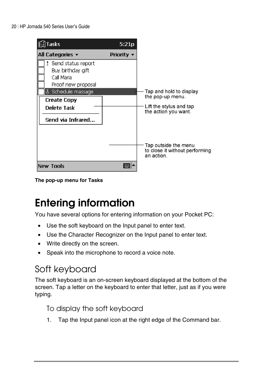 Entering information, Soft keyboard | HP Jornada 540 Series User Manual | Page 24 / 135