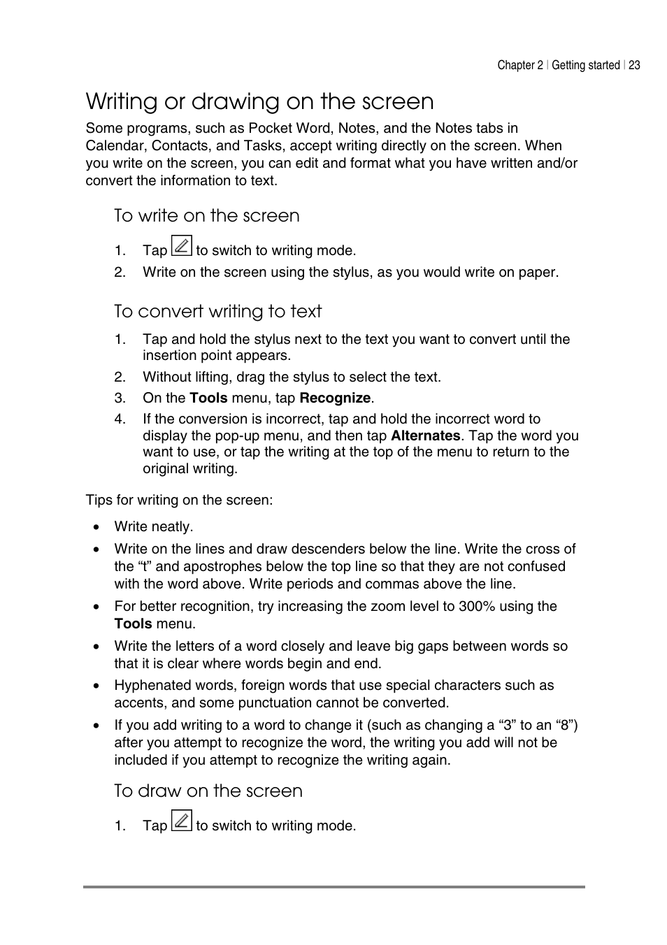 Writing or drawing on the screen | HP Jornada 540 Series User Manual | Page 27 / 135
