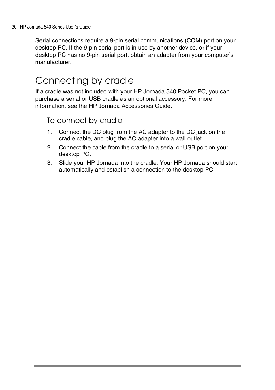 Connecting by cradle | HP Jornada 540 Series User Manual | Page 34 / 135