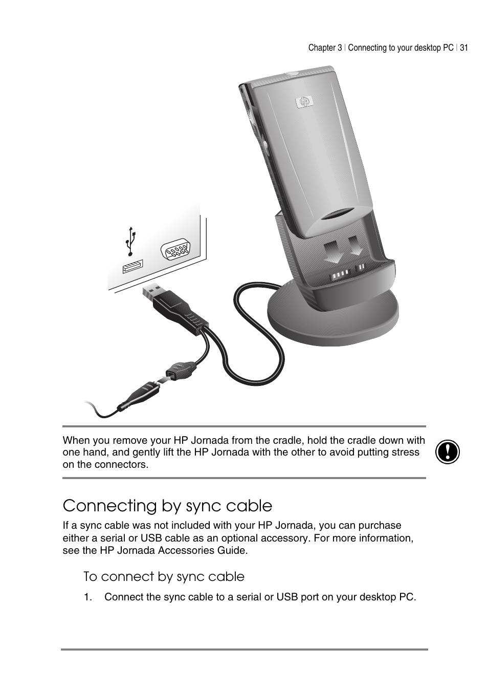 Connecting by sync cable | HP Jornada 540 Series User Manual | Page 35 / 135