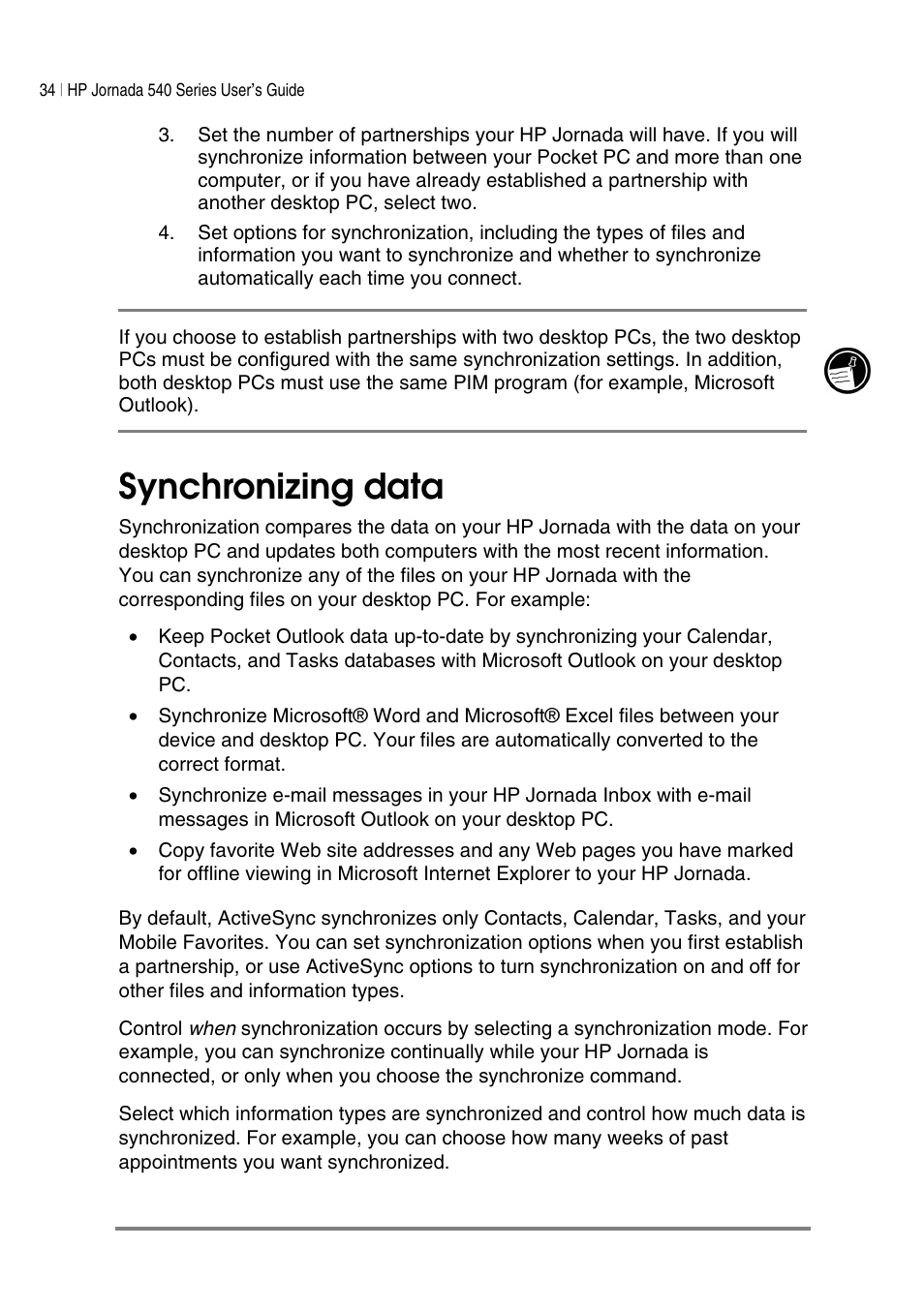 Synchronizing data | HP Jornada 540 Series User Manual | Page 38 / 135