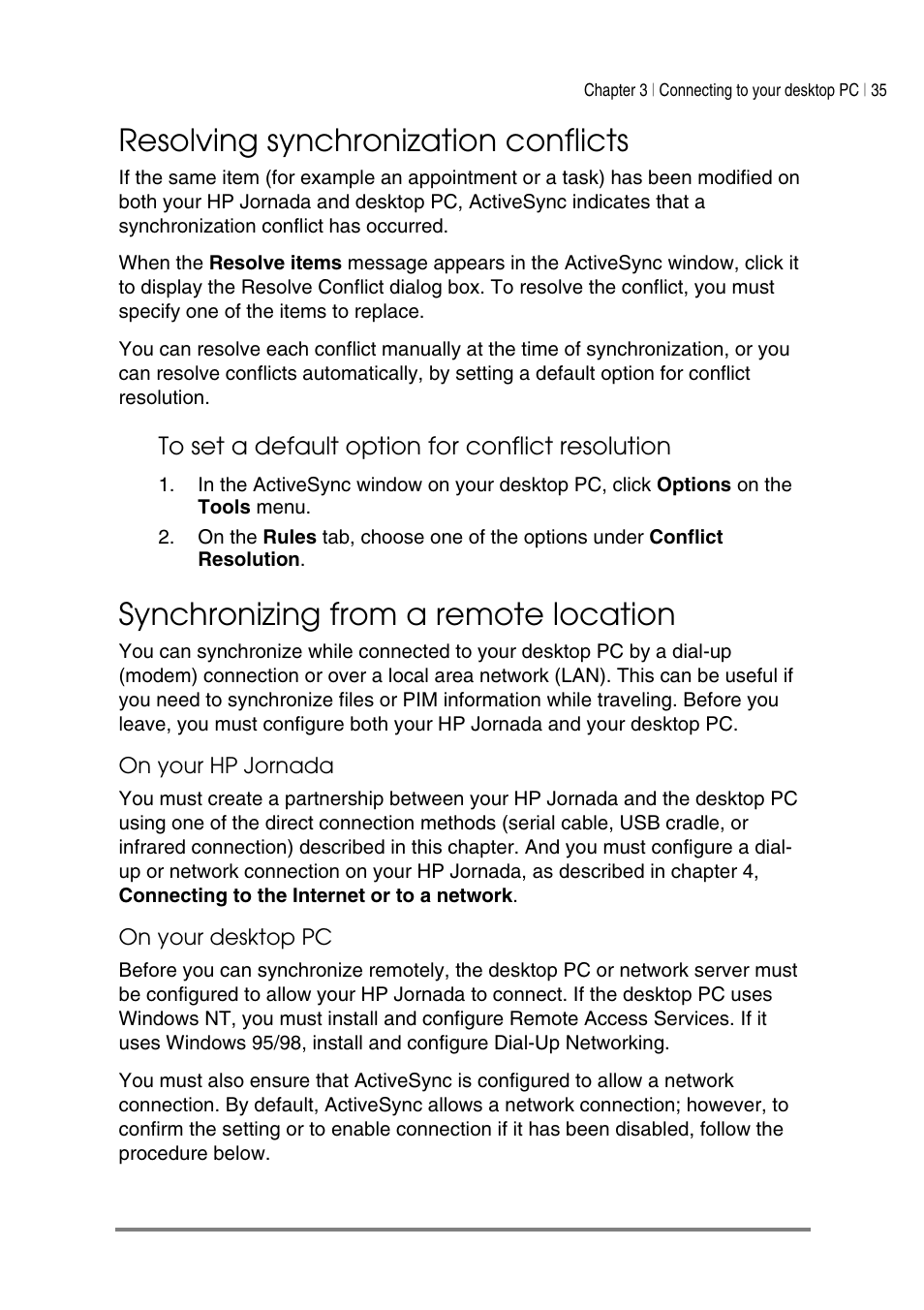 Resolving synchronization conflicts, Synchronizing from a remote location | HP Jornada 540 Series User Manual | Page 39 / 135