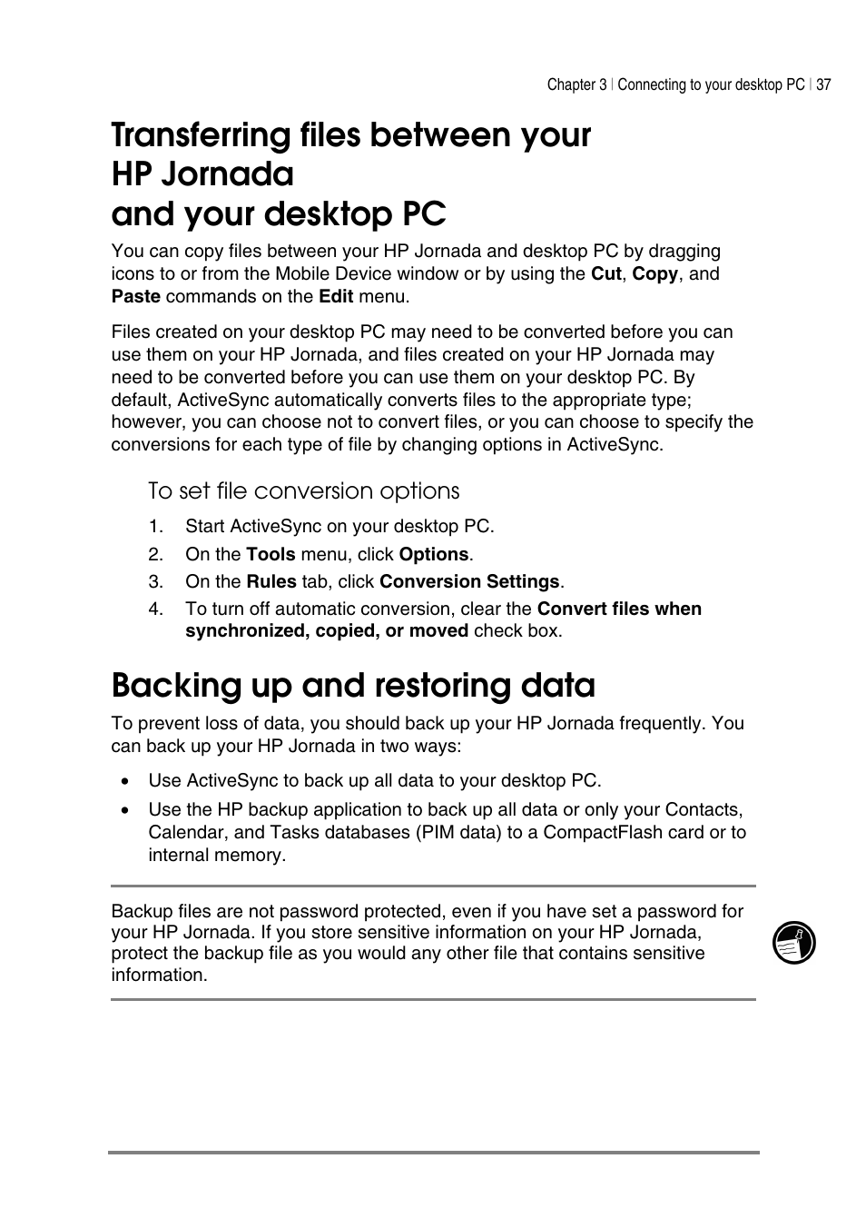 Backing up and restoring data | HP Jornada 540 Series User Manual | Page 41 / 135