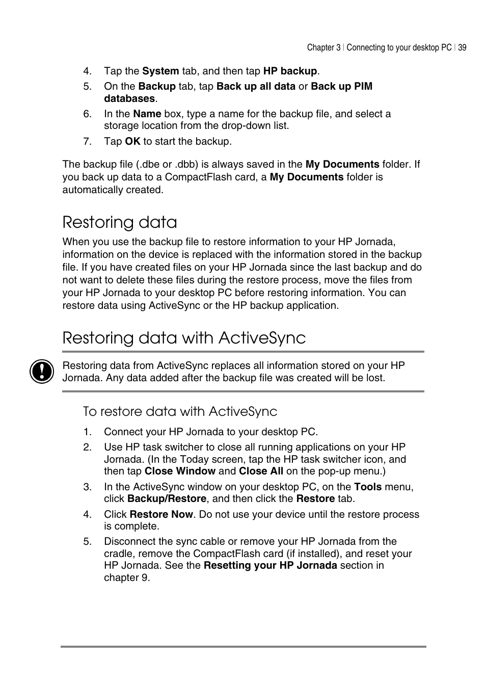 Restoring data, Restoring data with activesync | HP Jornada 540 Series User Manual | Page 43 / 135