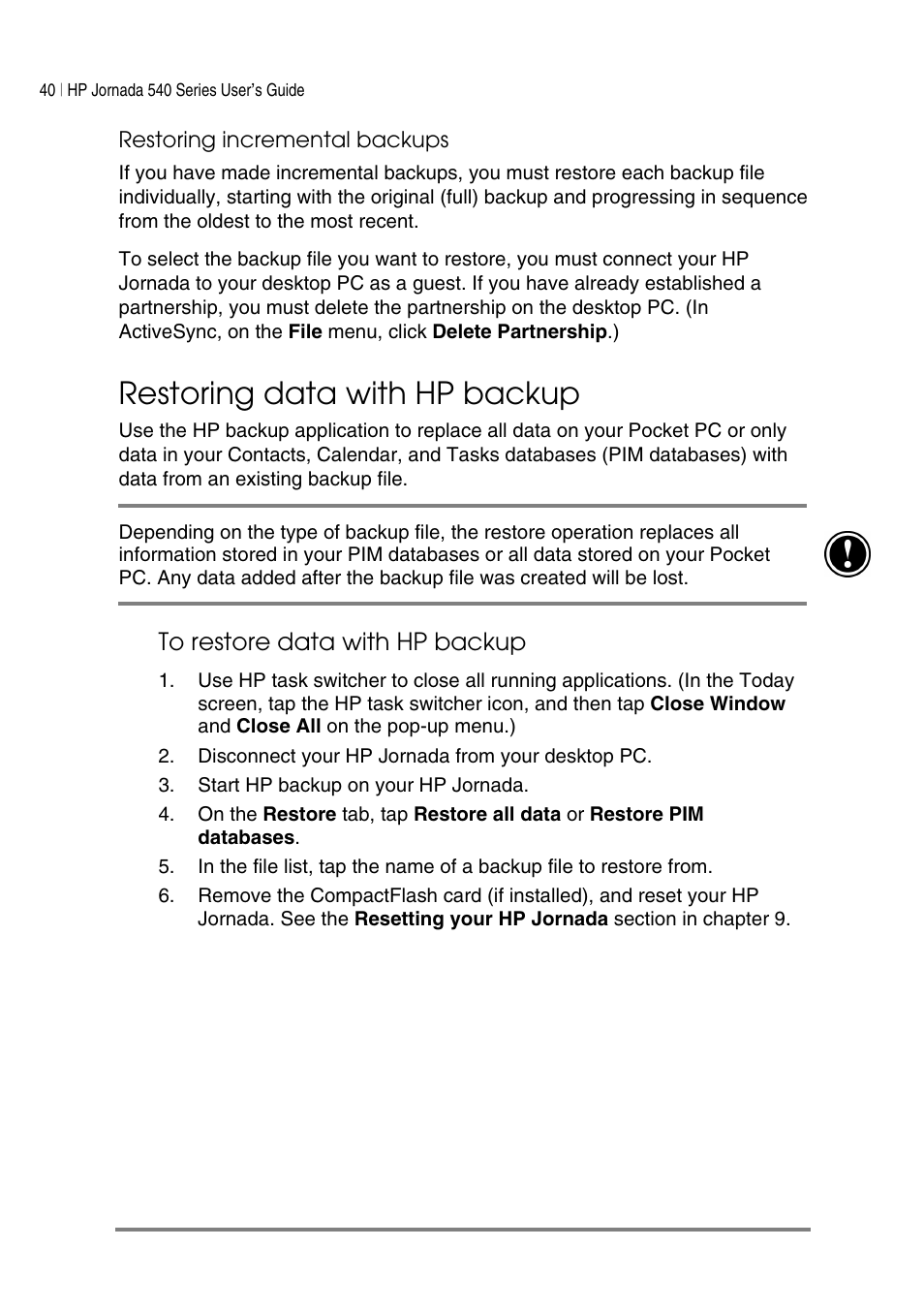 Restoring data with hp backup | HP Jornada 540 Series User Manual | Page 44 / 135