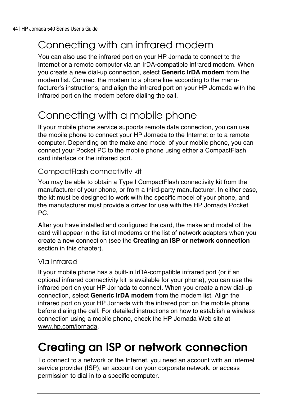 Creating an isp or network connection, Connecting with an infrared modem, Connecting with a mobile phone | HP Jornada 540 Series User Manual | Page 48 / 135