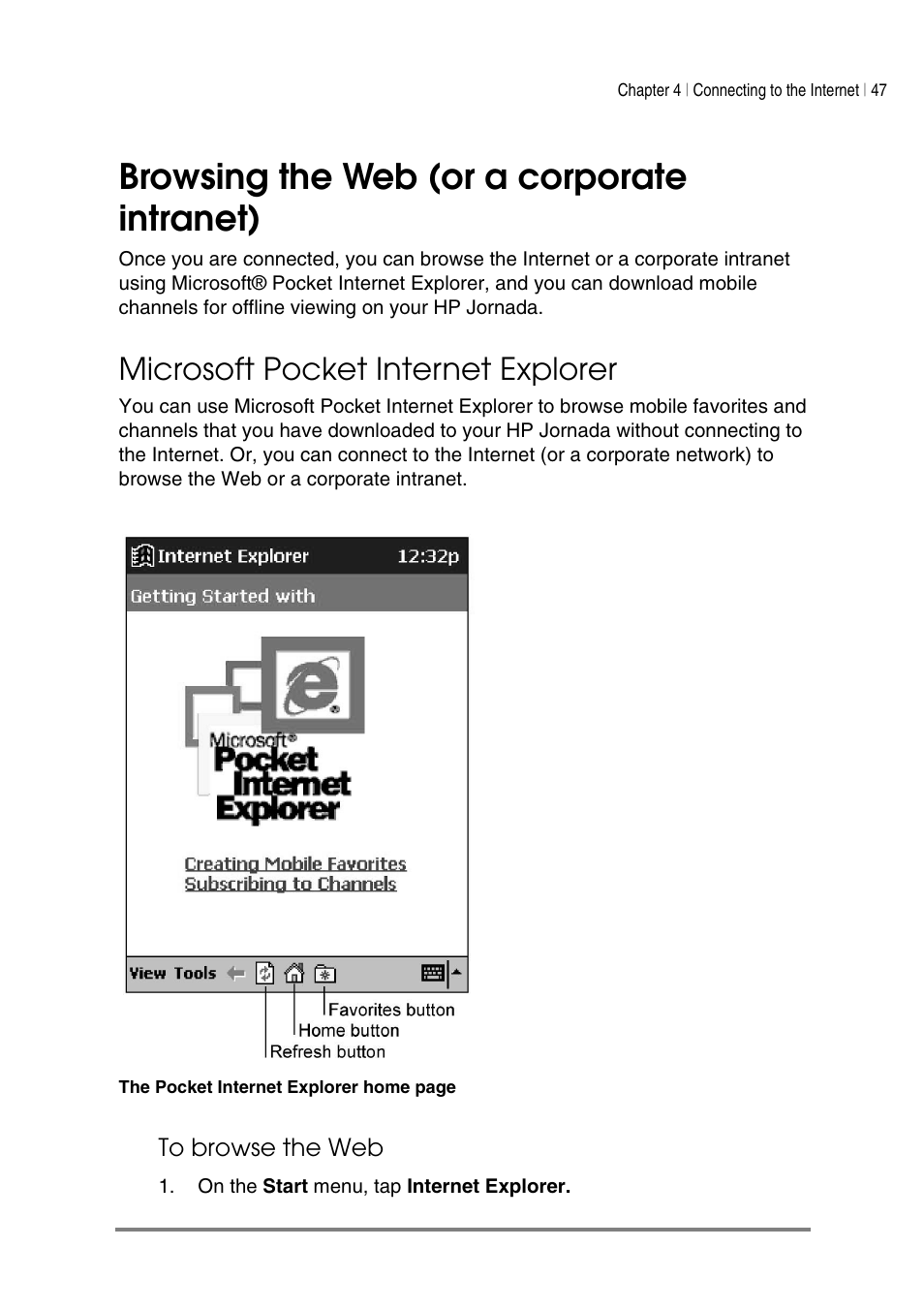 Browsing the web (or a corporate intranet), Microsoft pocket internet explorer | HP Jornada 540 Series User Manual | Page 51 / 135