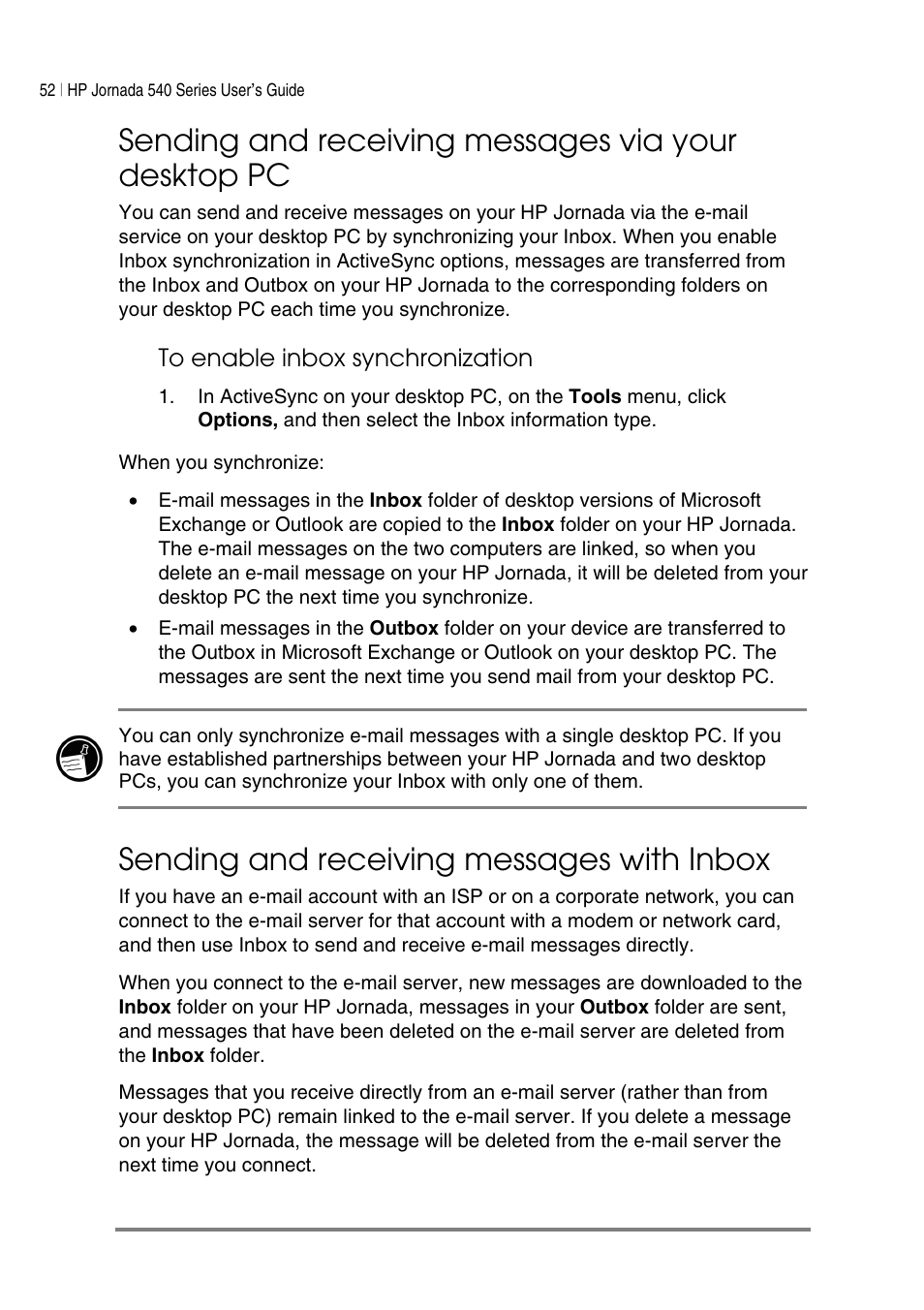 Sending and receiving messages via your desktop pc, Sending and receiving messages with inbox | HP Jornada 540 Series User Manual | Page 56 / 135