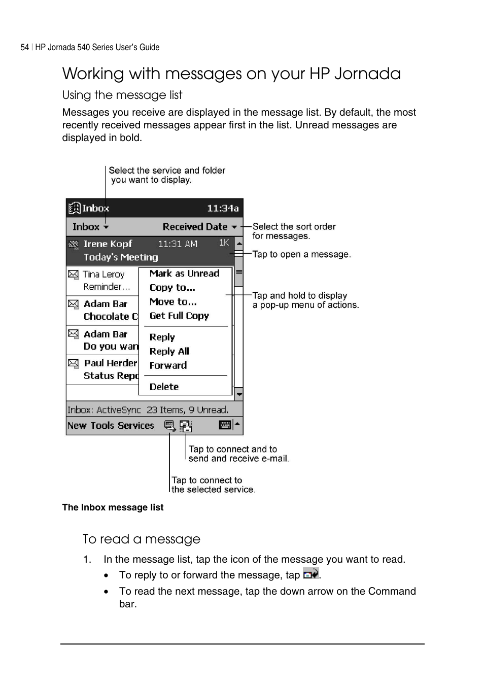 Working with messages on your hp jornada | HP Jornada 540 Series User Manual | Page 58 / 135