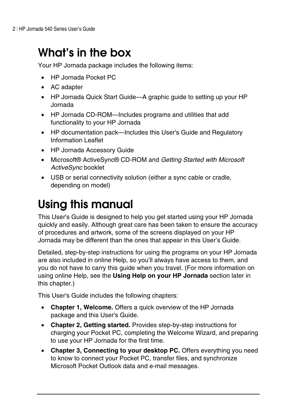 What’s in the box, Using this manual | HP Jornada 540 Series User Manual | Page 6 / 135