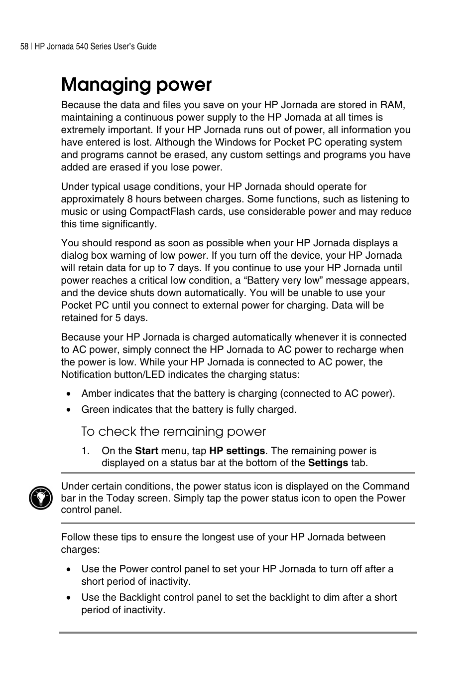 Managing power | HP Jornada 540 Series User Manual | Page 62 / 135