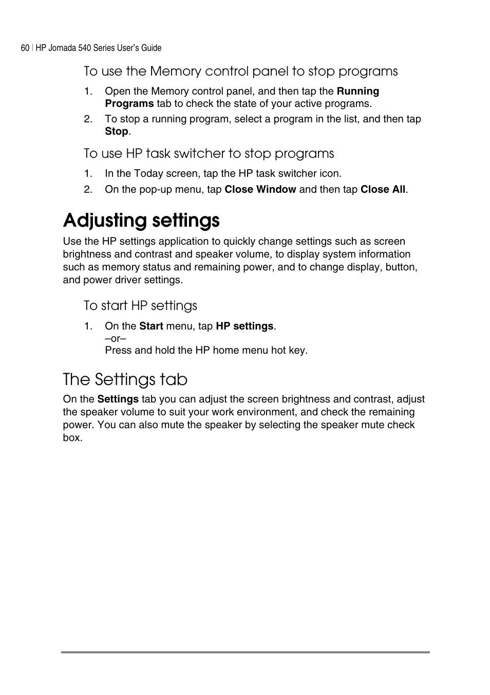 Adjusting settings, The settings tab | HP Jornada 540 Series User Manual | Page 64 / 135