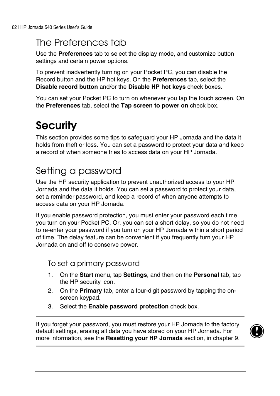 Security, The preferences tab, Setting a password | HP Jornada 540 Series User Manual | Page 66 / 135