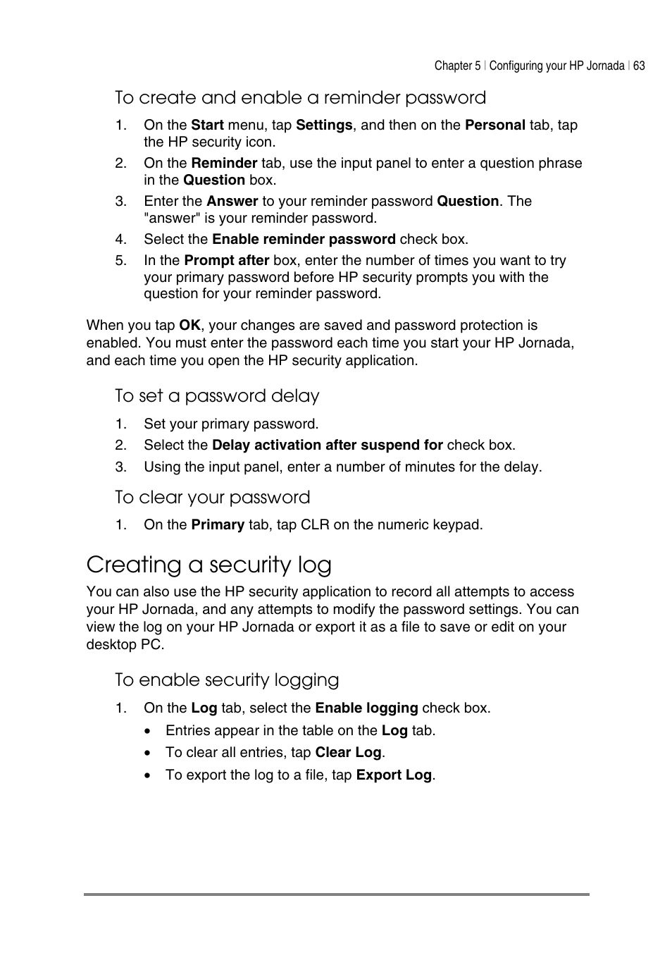 Creating a security log | HP Jornada 540 Series User Manual | Page 67 / 135
