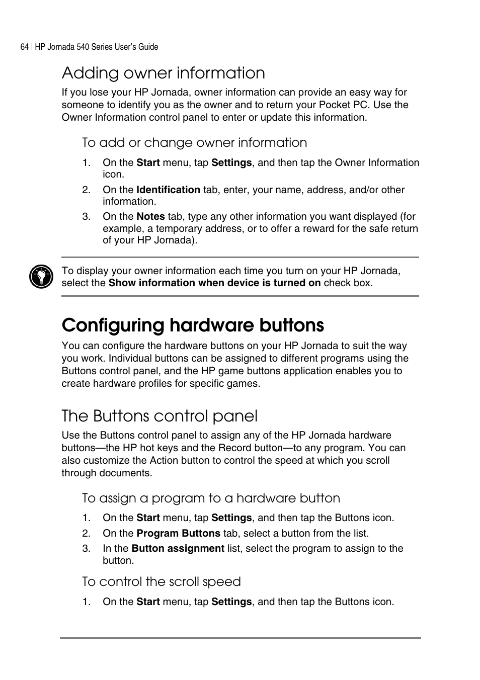 Configuring hardware buttons, Adding owner information, The buttons control panel | HP Jornada 540 Series User Manual | Page 68 / 135